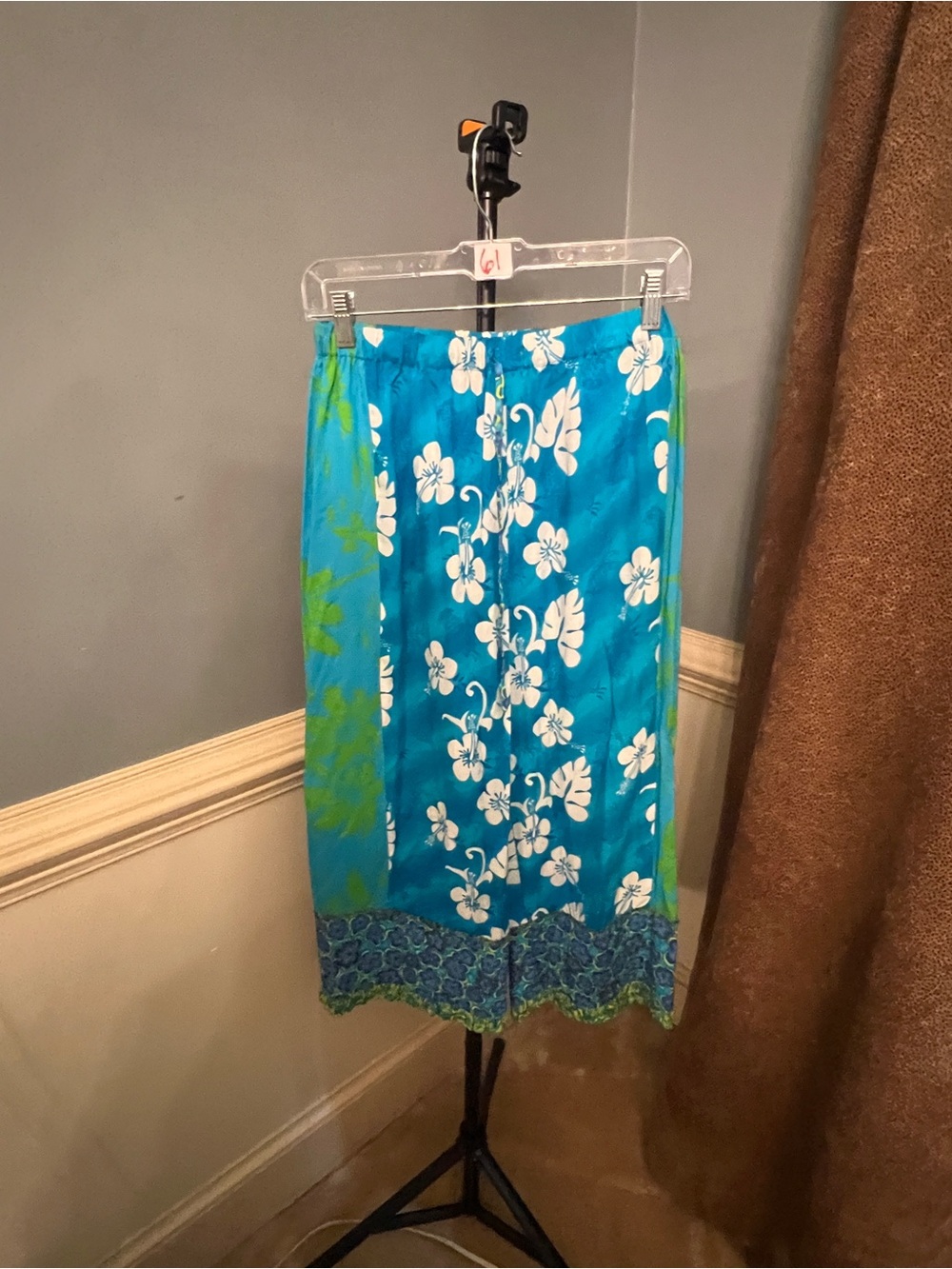 Vanity Teal Blue and White Floral pants with Green Trim sequined
